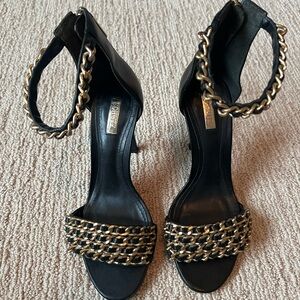 Schutz Black and Gold Chain Strap Heels
